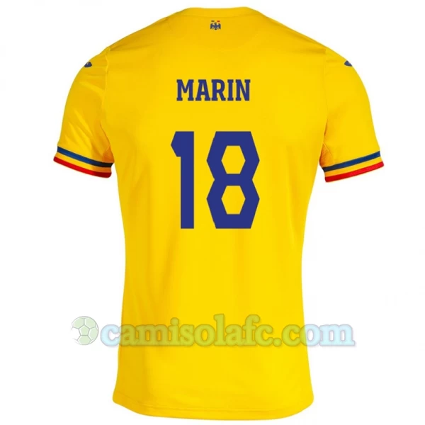 Camisola Futebol Romênia Marin #18 UEFA Euro 2024 Principal Homem Equipamento